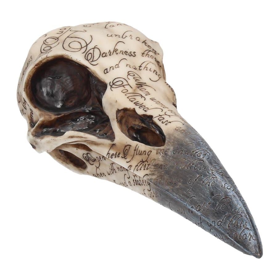 Hand-painted resin skull engraved with lines from Poe's poem The Raven