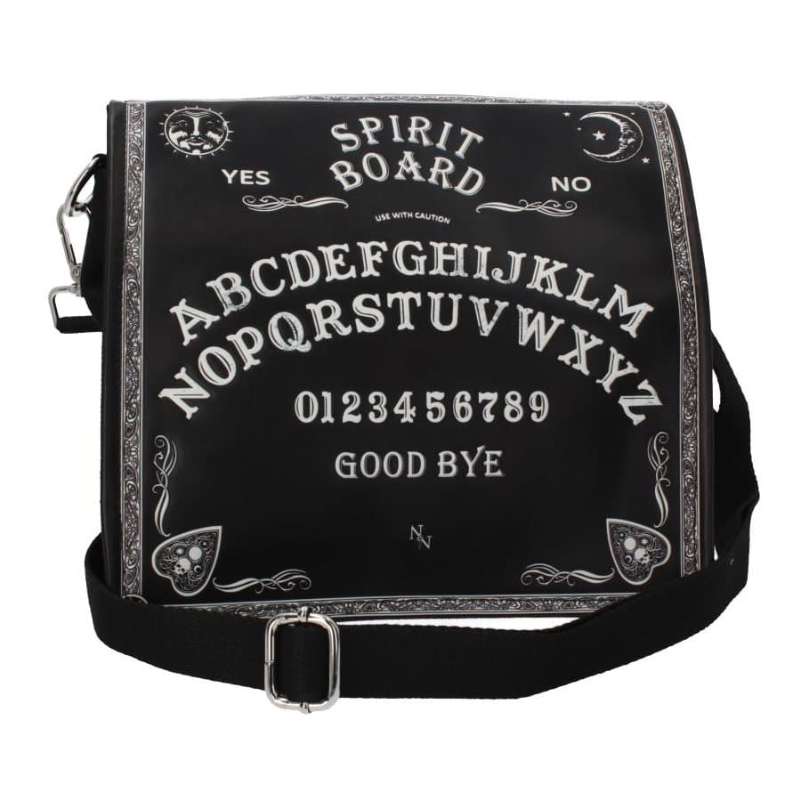 Black shoulder bag embossed with a spirit board alphabet, numbers and two planchettes